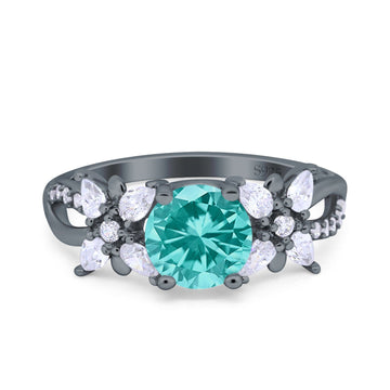 Art Deco Wedding Bridal Ring Round Black Tone, Simulated Paraiba Tourmaline CZ 925 Sterling Silver
